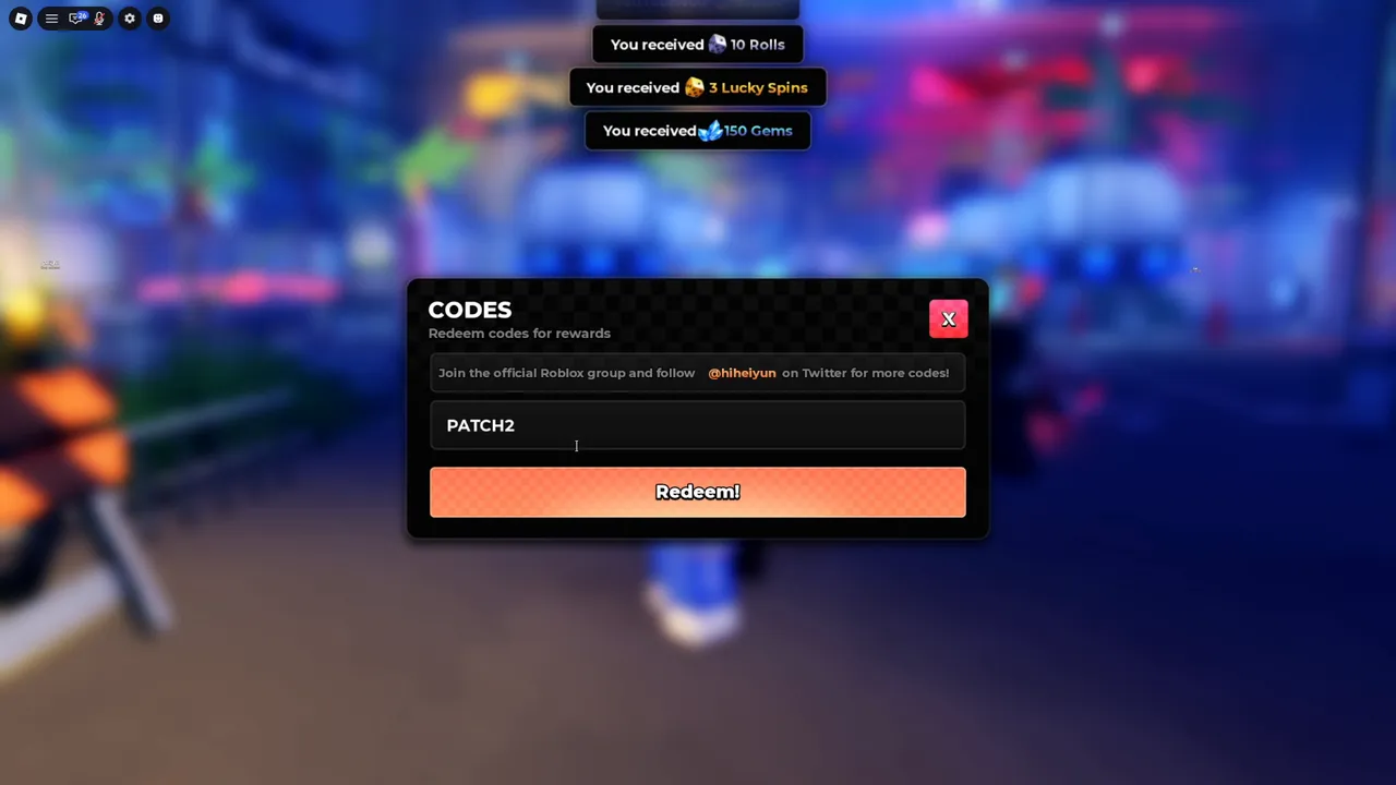 The Codes window with PATCH2 typed in, and PATCH1's rewards (10 Rolls, 3 Lucky Spins, 150 Gems) still showing at the top.
