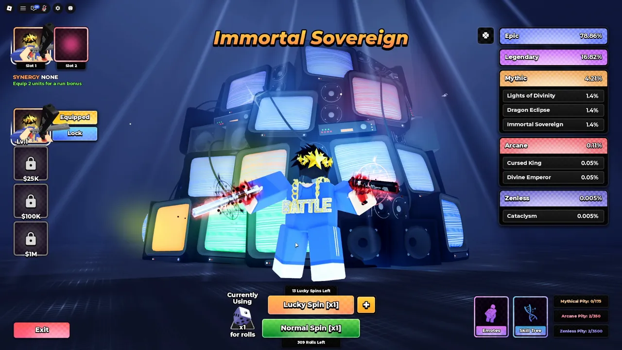 Spending the code Rolls in Summon: I pulled Immortal Sovereign, a 1.4% Mythic.