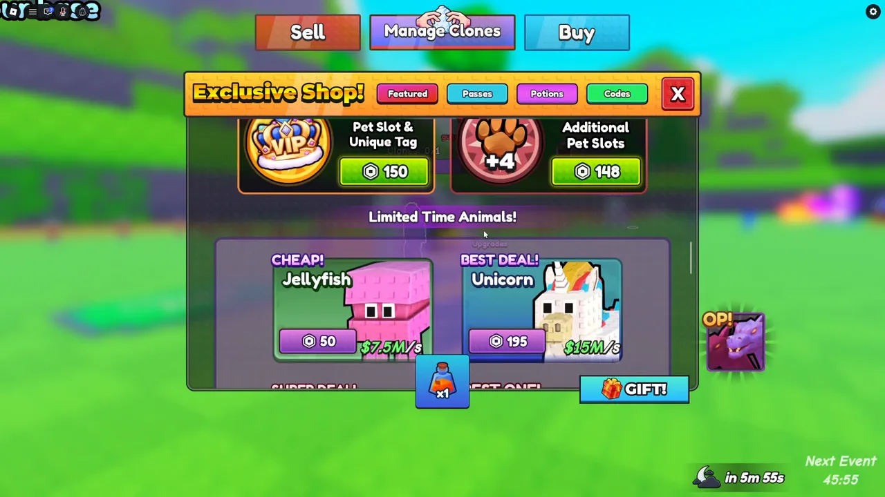 Step 3: the green Codes tab at the top of the Exclusive Shop.