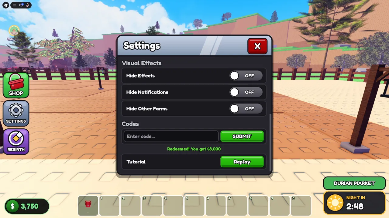 Durian Garden's Codes box in Settings, after redeeming ShanaKung for $3,000