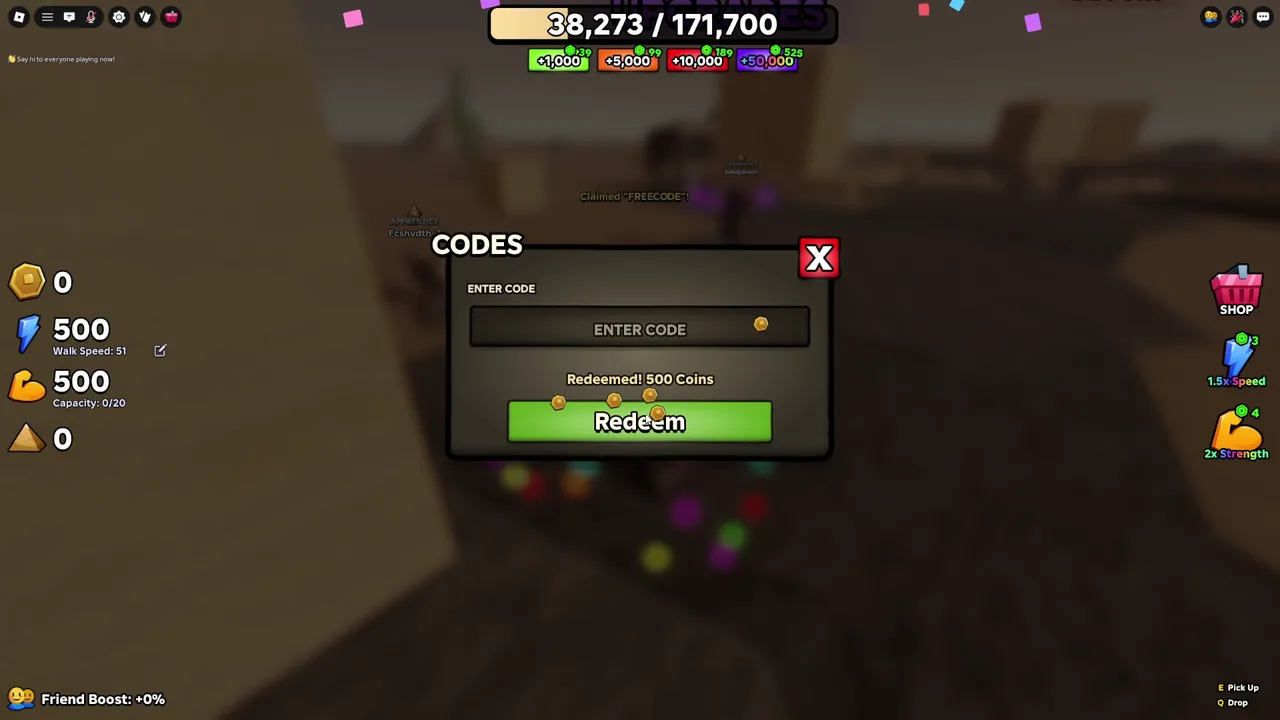 FREECODE redeemed for 500 Coins, with confetti on screen.