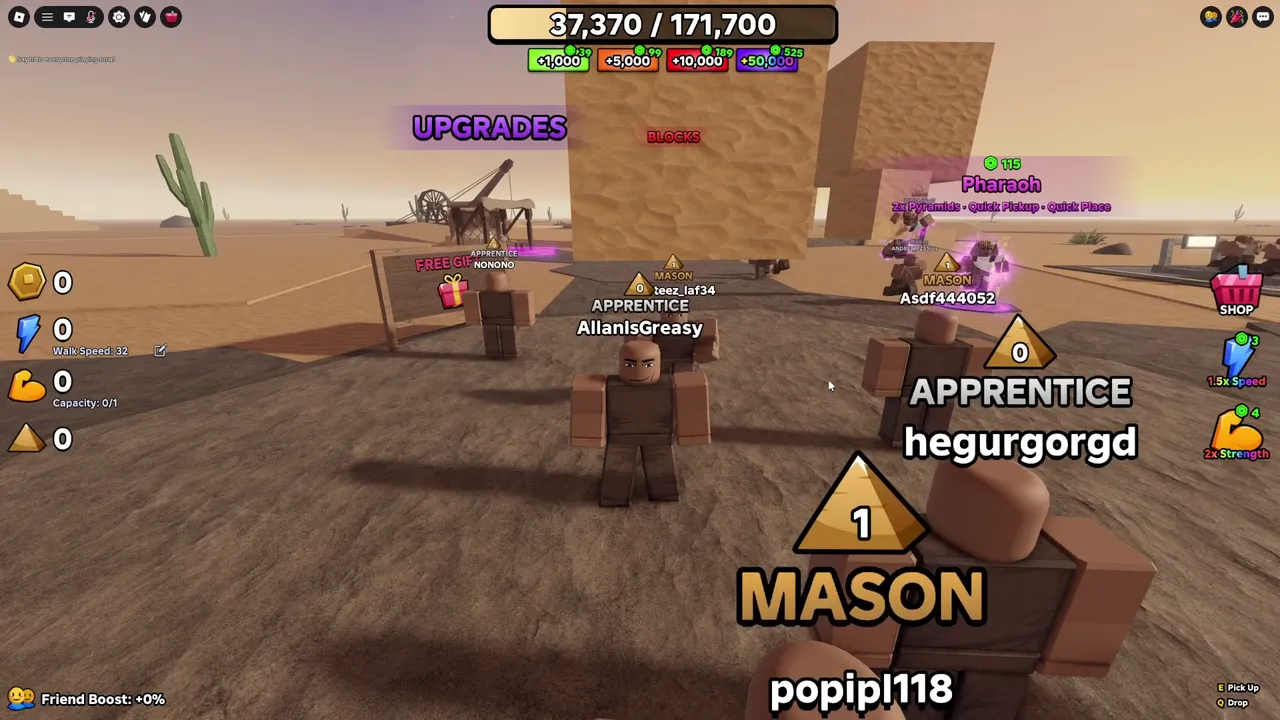 The Build the Pyramid spawn area with the Upgrades sign and other players