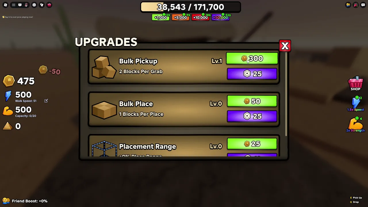 The Upgrades board: Bulk Pickup, Bulk Place and Placement Range with their Coin prices.