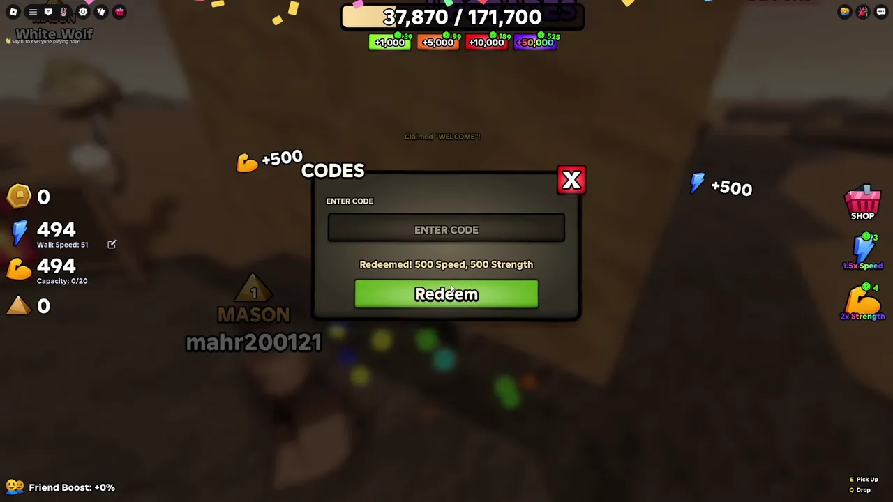 The Codes box after redeeming WELCOME: Redeemed! 500 Speed, 500 Strength.