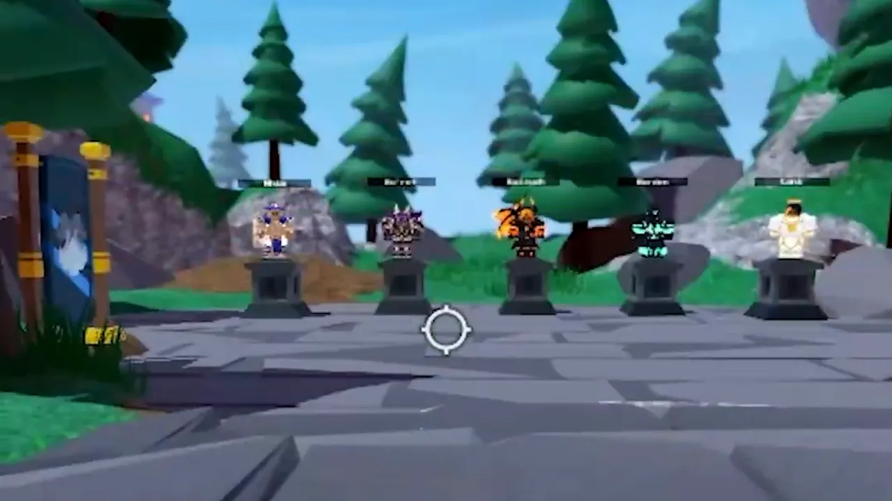 A custom crosshair in the middle of the screen in the Roblox BedWars lobby, from my short