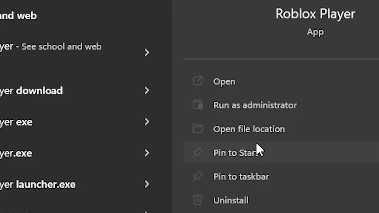 Search for Roblox Player, then right-click it and choose Open file location. Screenshot from my video.