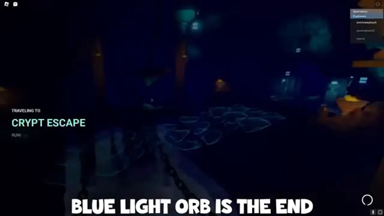 Traveling to Crypt Escape. The blue light orb marked the finish. From my video.