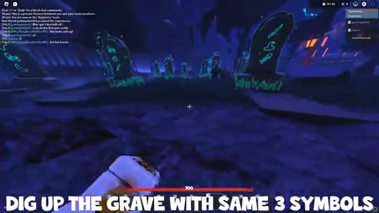 The graveyard trial: find the three glowing pieces, then dig up the grave with the same three symbols. From my video.