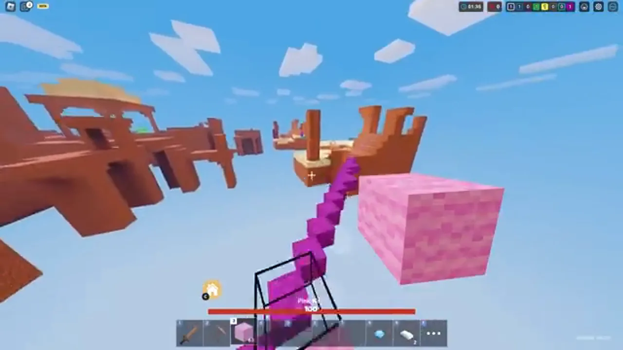 A BedWars match on the pink and orange map, from my 2023 FPS video