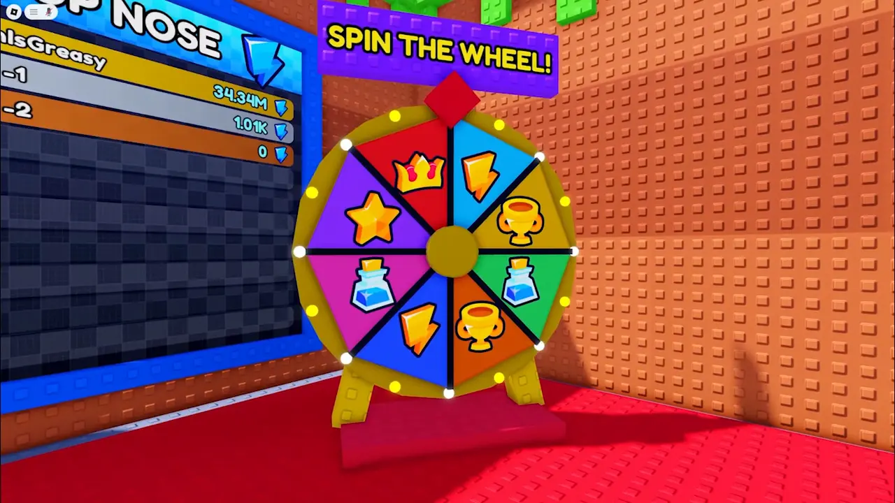 The Spin the Wheel board in the lobby, next to the Top Nose leaderboard.
