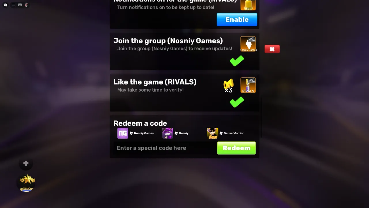 The free rewards above the code box: joining the group, and liking the game for 3 Keys. My screenshot.