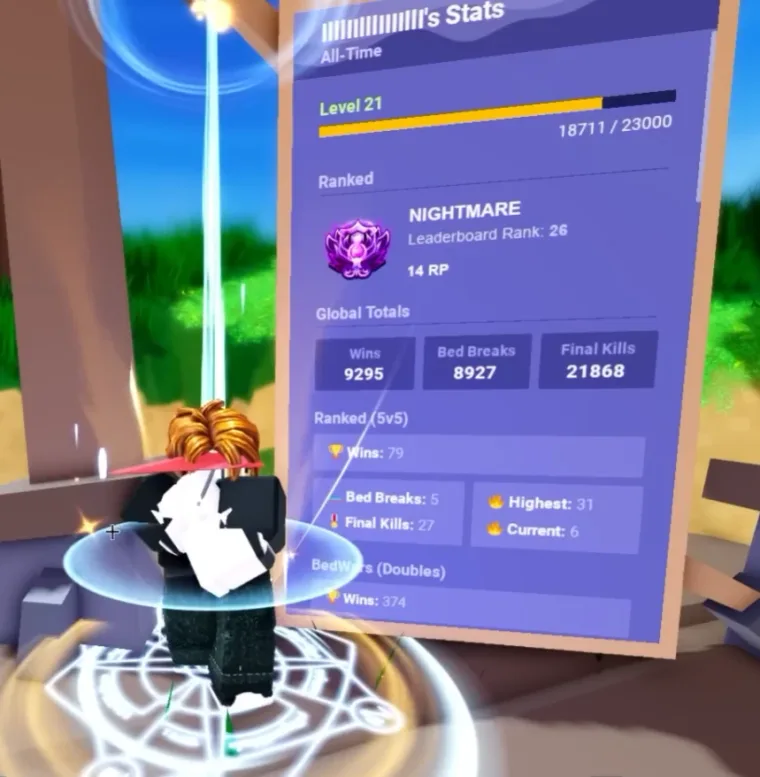 My BedWars stats: Nightmare rank, number 26 on the leaderboard. The climb took me about a week.