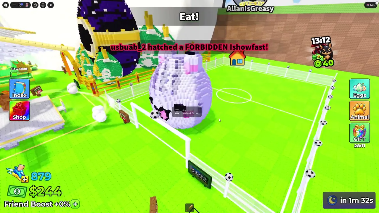 Later on: a giant egg by the pens and the Eat! prompt at the top of the screen.
