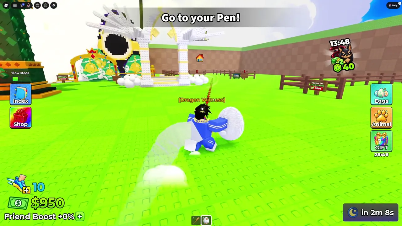 Running back with the egg while the top of the screen says Go to your Pen!