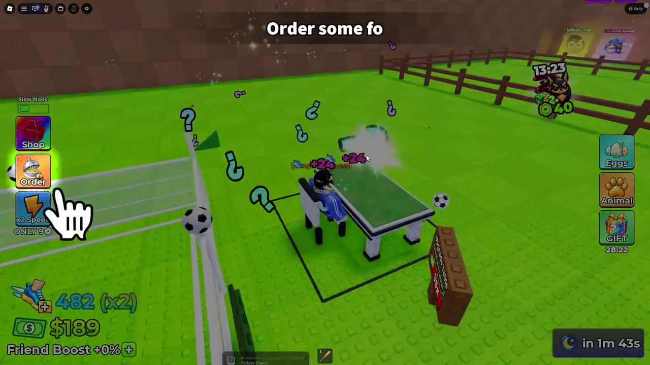 Sitting at the table with the Order button on the left.