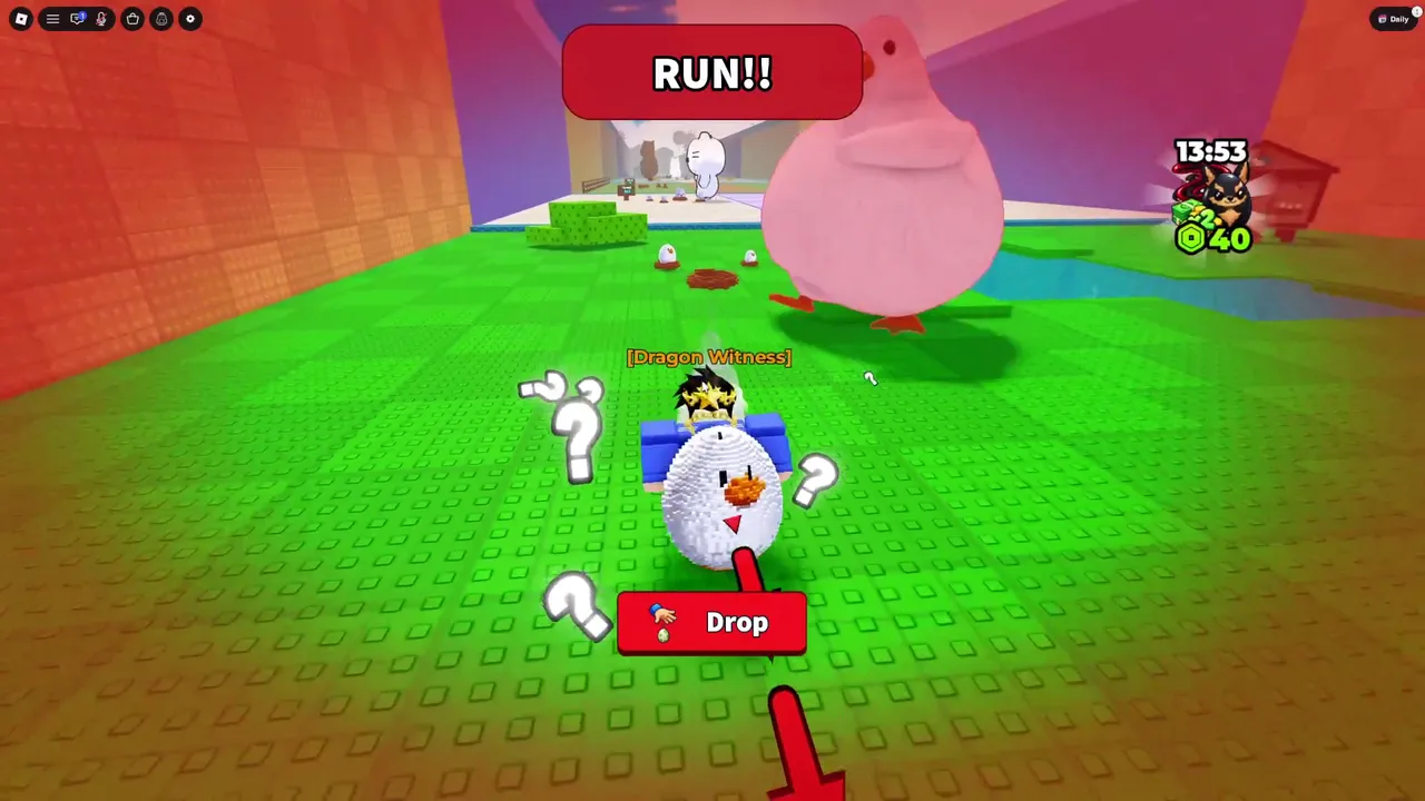 Carrying an egg while the screen flashes red and RUN!! shows at the top.