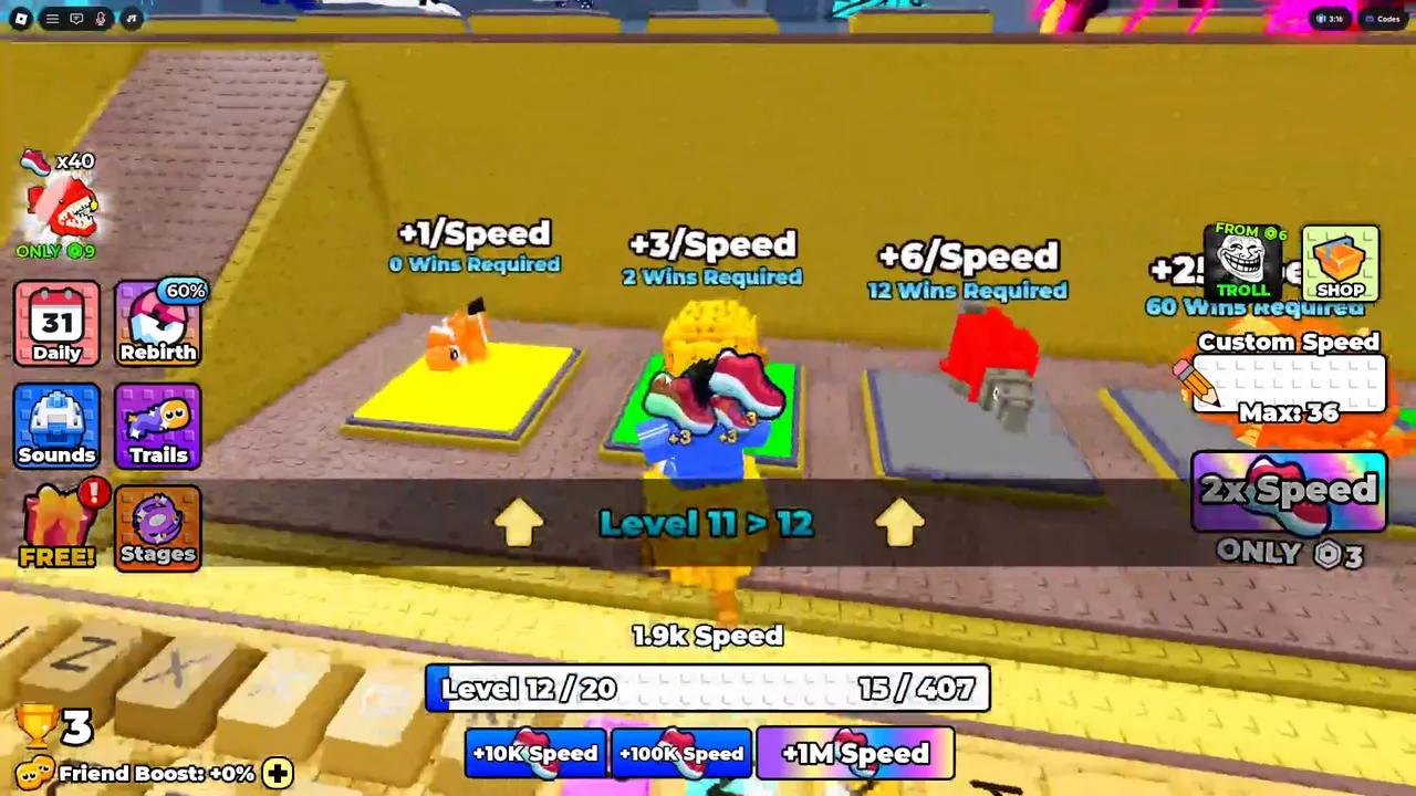 The training pads: +1/Speed is free, +3/Speed needs 2 Wins and +6/Speed needs 12 Wins.
