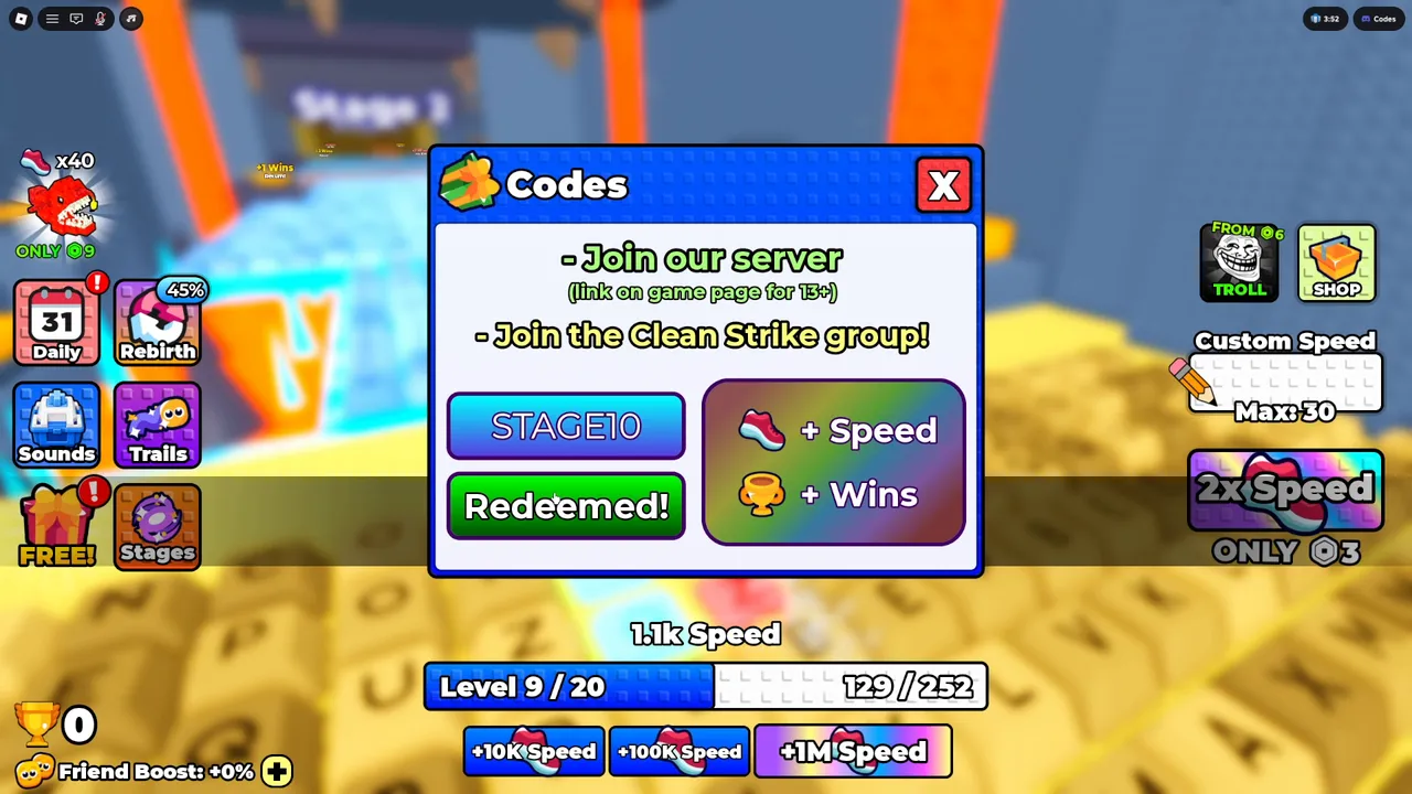 The Codes box right after redeeming STAGE10. My Speed went from 59 to 1.1k.