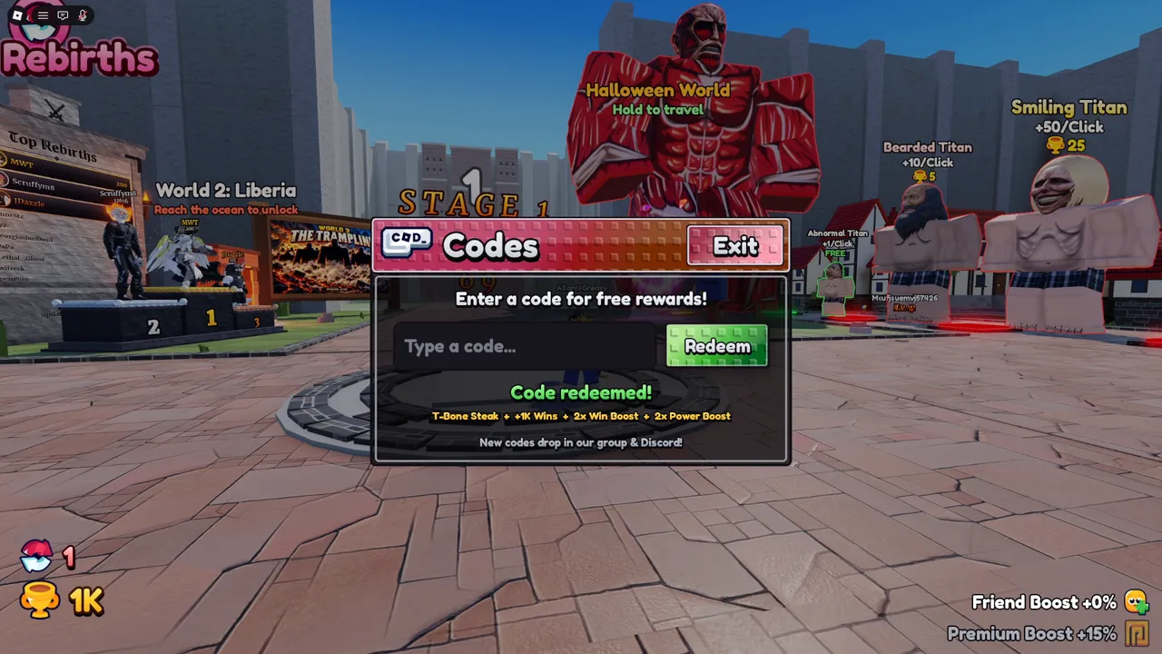 +1 Titan Evolution's Codes window after redeeming THANKYOU