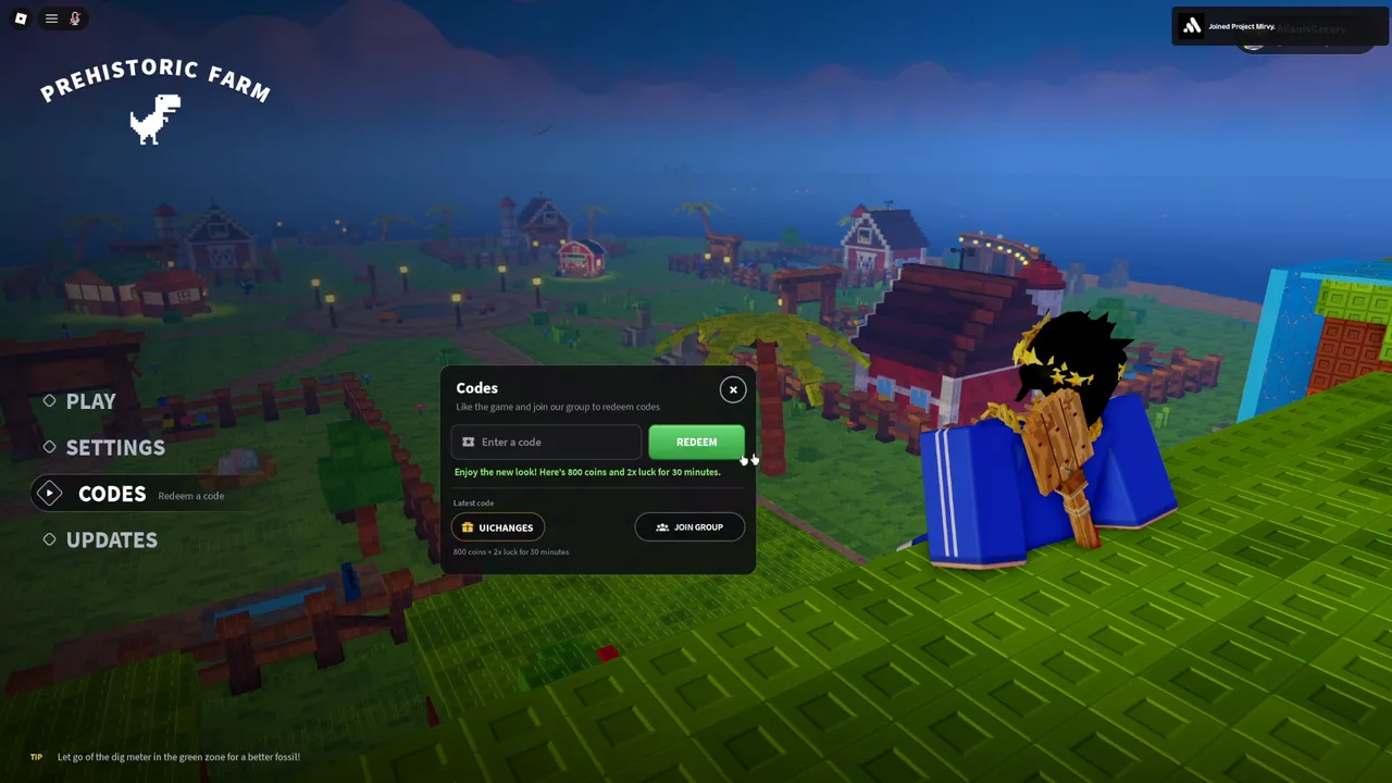 The Codes box right after redeeming UICHANGES: "Enjoy the new look! Here's 800 coins and 2x luck for 30 minutes."