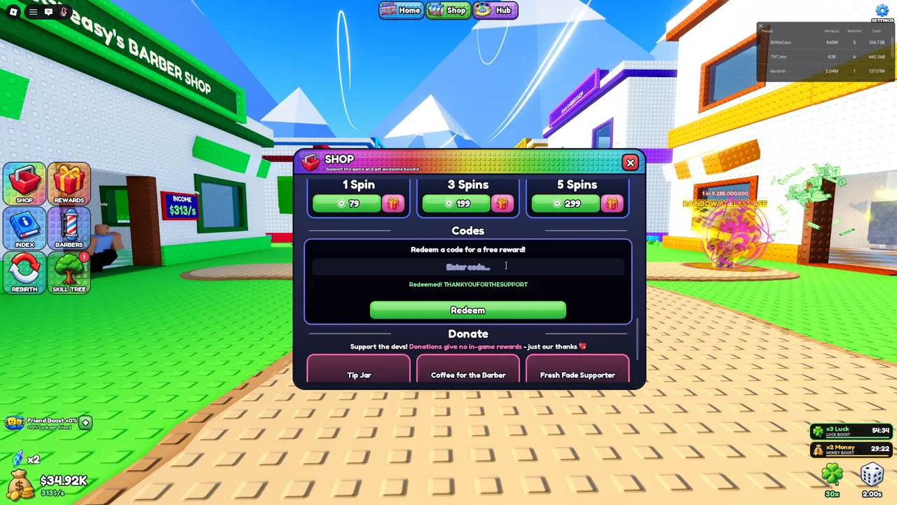 Roll a Barber RNG's Codes box in the Shop, after redeeming THANKYOUFORTHESUPPORT
