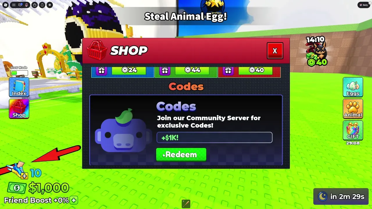The Codes box at the bottom of the Shop, right after redeeming DEMONIC (+$1K!).